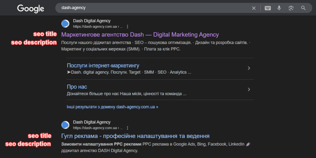 Скриншот выдачи Google: SEO title и description в сниппете 