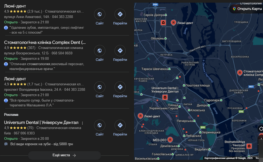 Налаштування профілю Google Business Profile для стоматологічної клініки, з інформацією та відгуками пацієнтів