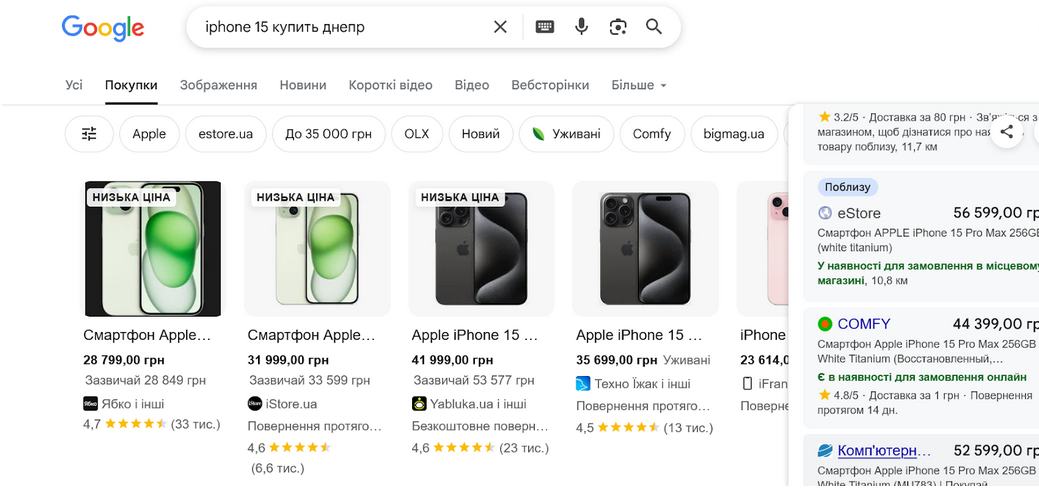 Local Inventory Ad с iPhone 15 в наличии в магазине Днепра 