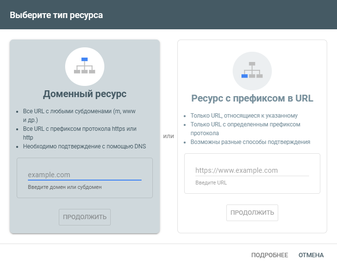 Выбор типа ресурса Google Search Console